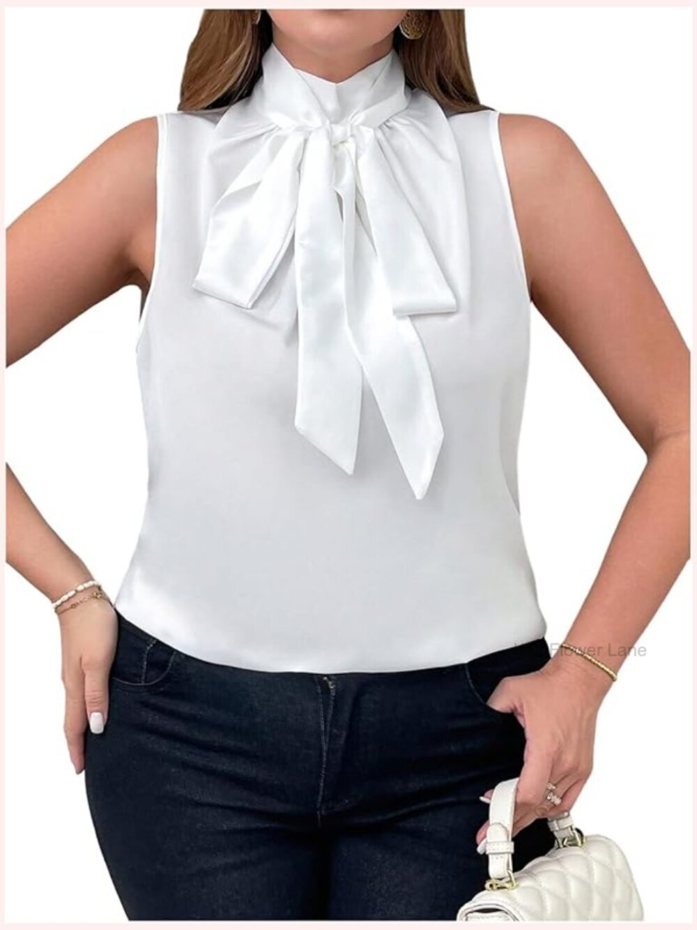 Plus Size Bow Tie Neck Blouse Sleeveless Mock Neck Dressy Business Casual Top